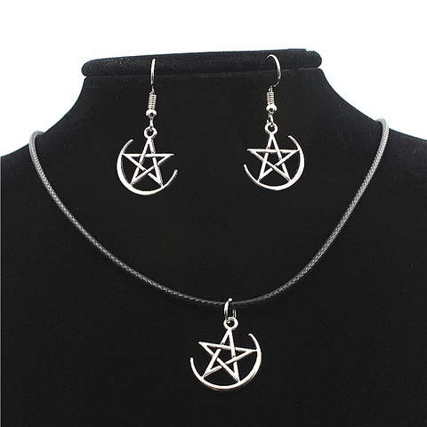 Vintage Gotik Legierung Silber Stern Mond Halskette Und Ohrringe Schmuck Zubehör Mystisch Himmlisch Anhänger Krawatte Für Damen Geschenk