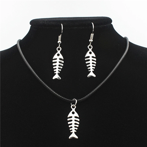 Punk Legierung Fischgräte Halskette Ohrringe Schmuckset Für Damen Silber Farbe Fischknochen Anhänger Mit Schwarzer Kordel