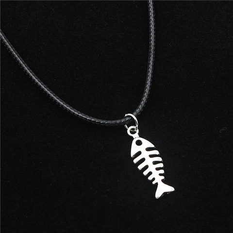 Punk Legierung Fischgräte Halskette Ohrringe Schmuckset Für Damen Silber Farbe Fischknochen Anhänger Mit Schwarzer Kordel