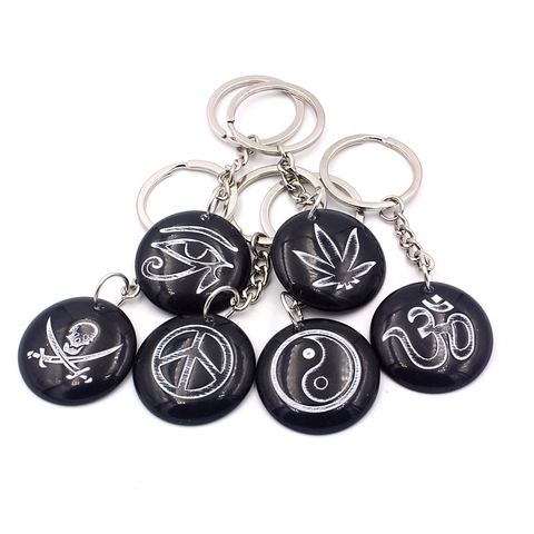 Vintage Harz Rund Schlüsselanhänger Mit Yin Yang Om Frieden Auge Des Horus Totenkopf Ahornblatt Muster Anhänger Zubehör