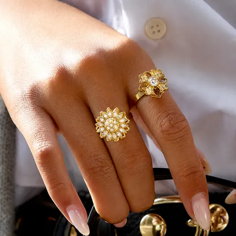 360 Rotatable Stainless Steel Ring For Women Gold Sunflower Cross Zirconia Spinner Ring Adjustable Waterproof Jewelry Gift