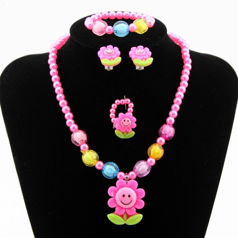 Kinder Cartoon Sonnenblume Schmuckset Harz Künstliche Perle Halskette Armband Ring Ohrclips Für Mädchen Süßes Zubehör Geschenk