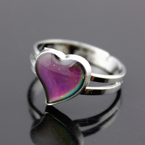 Bague d'Humeur en Alliage Forme de Coeur pour Femme Réglable avec Détection de Température Changement de Couleur Bijou Argent