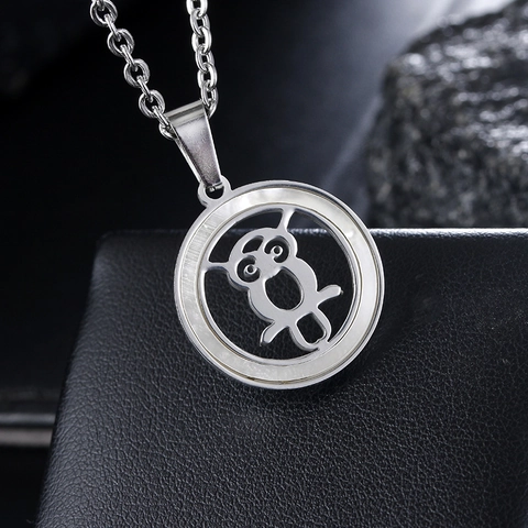 Stainless Steel Owl Pendant Necklace Round Shell Inlay Hollow Out Animal Design For Women Men Jewelry Gift Silver Color