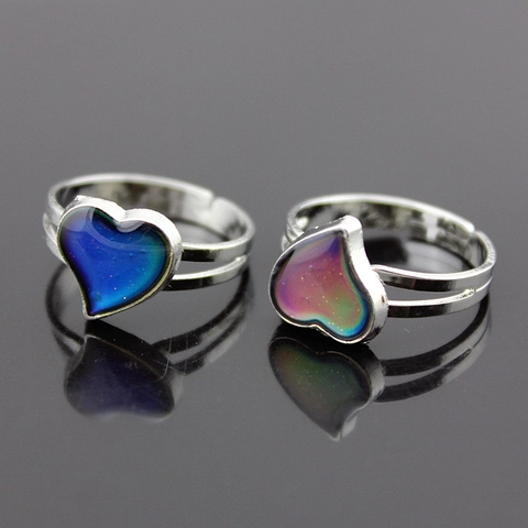 Bague d'Humeur en Alliage Forme de Coeur pour Femme Réglable avec Détection de Température Changement de Couleur Bijou Argent