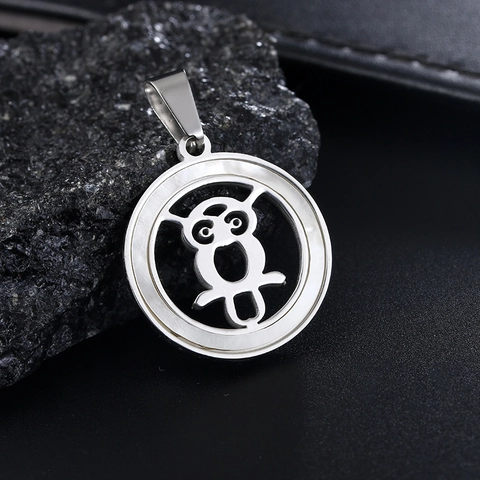 Stainless Steel Owl Pendant Necklace Round Shell Inlay Hollow Out Animal Design For Women Men Jewelry Gift Silver Color