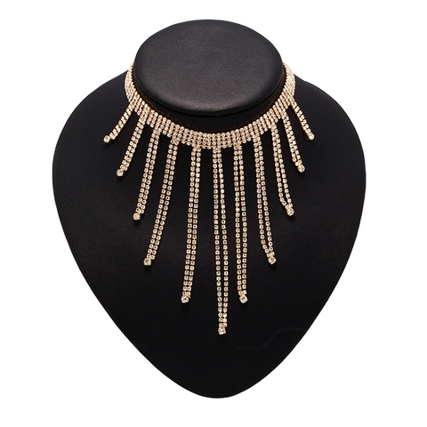 Collier Ras de Cou de Luxe en Alliage Plaqué Or avec Strass et Glands pour Femmes Bijou de Fête Exagéré à Franges