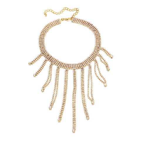 Collier Ras de Cou de Luxe en Alliage Plaqué Or avec Strass et Glands pour Femmes Bijou de Fête Exagéré à Franges