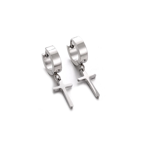 Boucles d'Oreilles Créoles avec Pendentif en Croix en Acier Inoxydable pour Hommes Femmes Punk Gothique Minimaliste Poli Noir Argent Bijoux