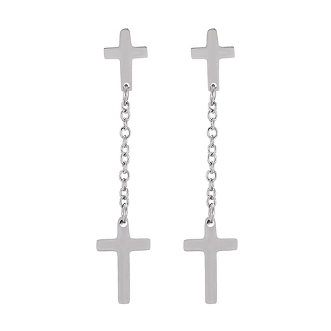 Stainless Steel Cross Dangle Earrings For Men Women Punk Gothic Long Chain Drop Earrings Silver Color Polished Jewelry