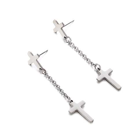 Stainless Steel Cross Dangle Earrings For Men Women Punk Gothic Long Chain Drop Earrings Silver Color Polished Jewelry