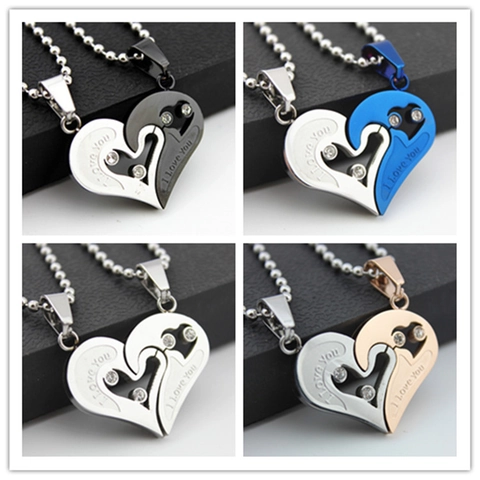 Edelstahl Herz Puzzle Paar Anhänger Halskette Strass I Love You Gravur Schmuck Für Liebhaber Ohne Kette