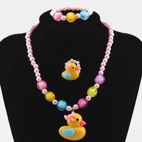 Cartoon Eend Vlinder Kinderen Sieraden Collectie Plastic Hars Kralen Ketting Armband Ring Voor Meisjes Verjaardagscadeau
