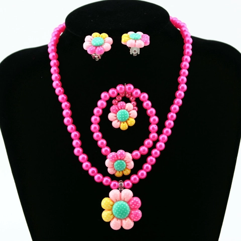 Collezione Gioielli Bambini Cartone Animato Girasole Collana Bracciale Anello Clip Orecchio Perla Artificiale Rosa Festa