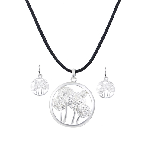 Set di Gioielli Albero Della Vita in Lega Vintage da Donna Collana con Pendente in Cordino di Cuoio e Orecchini a Gancio