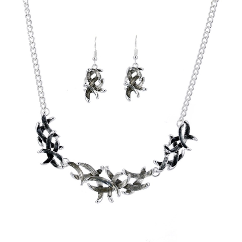 Moderne Legering Emaille Blad Sieradenset Voor Dames Mode Abstract Lint Ketting En Hanger Oorbellen Tweedelige Sieradenset Accessoire