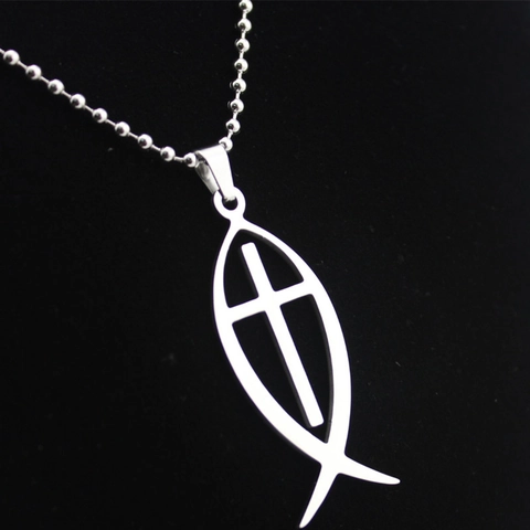 Colgante de Pez Cruz de Acero Inoxidable Religioso Ichthys Pez de Jesús Calado Pulido Accesorio de Joyería de Collar para Unisex