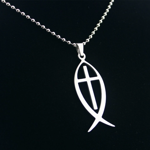 Colgante de Pez Cruz de Acero Inoxidable Religioso Ichthys Pez de Jesús Calado Pulido Accesorio de Joyería de Collar para Unisex