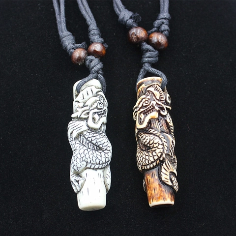 Vintage Resin Dragon Totem Pendant Necklace Ethnic Faux Bone Dragon Pillar Rope Chain Necklace For Unisex Retro Jewelry Gift