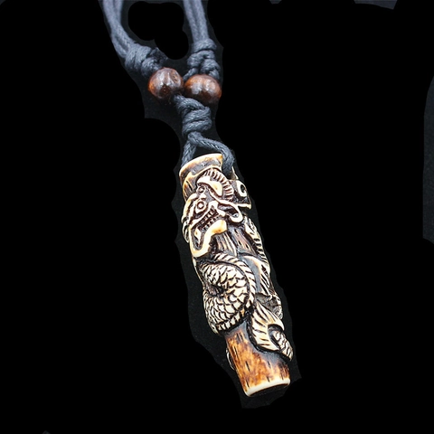 Vintage Resin Dragon Totem Pendant Necklace Ethnic Faux Bone Dragon Pillar Rope Chain Necklace For Unisex Retro Jewelry Gift