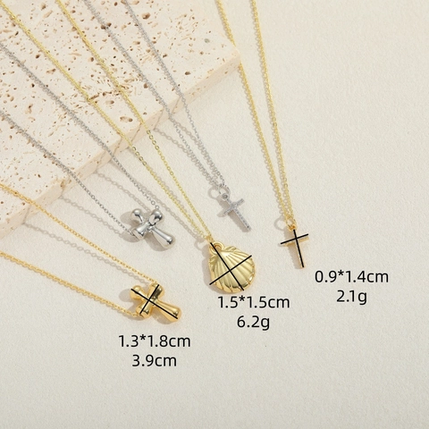 Vintage Gold Silver Plated Copper Zirconia Cross Shell Pendant Necklace For Women Minimalist Fashion Adjustable O-Chain Jewelry Gift