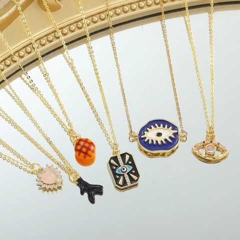 Vintage Copper Evil Eye Pendant Necklace For Women Zirconia Heart Enamel Jewelry Fashion Exotic Gold Plated Clavicle Chain