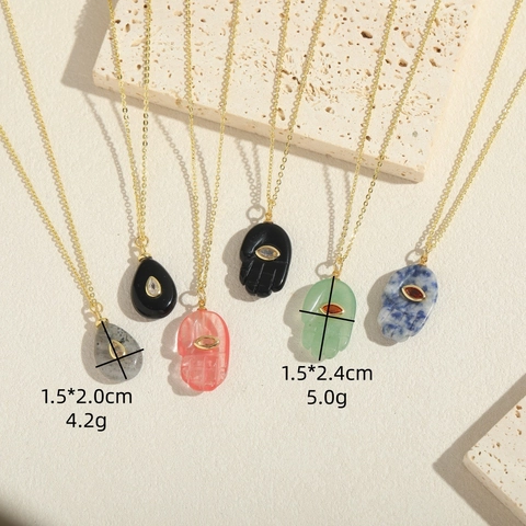 Hamsa Hand Waterdrop Natural Stone Necklace Copper Zirconia Evil Eye Pendant Jewelry For Women Gold Plated Bohemian Chain