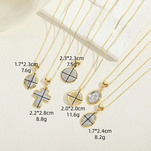 Copper Zirconia Religious Pendant Necklace For Women St Benedict Medal Cross Virgin Mary Bicolor Shell Inlaid Jewelry