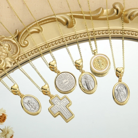 Copper Zirconia Religious Pendant Necklace For Women St Benedict Medal Cross Virgin Mary Bicolor Shell Inlaid Jewelry