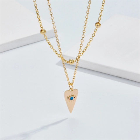 Double Layer Evil Eye Heart Pendant Necklace For Women Gold Plated Alloy Paperclip Link Chain Boho Minimalist Jewelry Gift