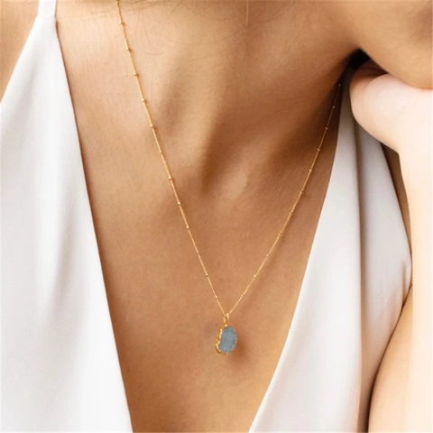 Elegante Koperen 14K Vergulde Natuursteen Druzy Hanger Halsketting Geometrisch Rond Charm Sieraden Voor Vrouwen