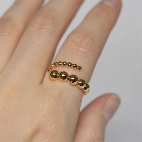 Anello in Ottone Regolabile Minimalista Francese Placcato Oro 14K Design a Perline Spirale Aperta Gioielli da Donna Regalo
