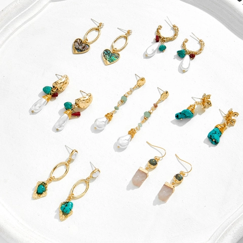 Bohemian Gold Plated Copper Turquoise Drop Earrings For Women Vintage Artificial Baroque Pearl Abalone Shell Rhinestone Jewelry