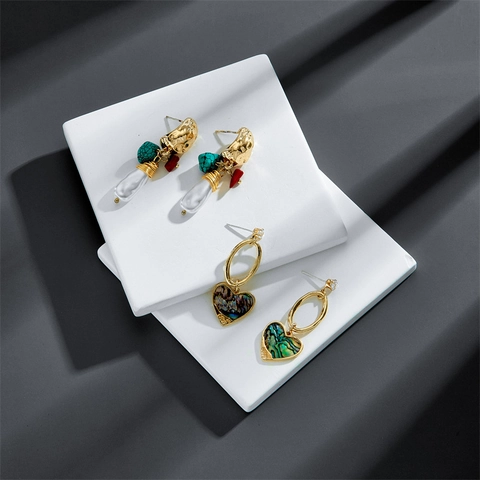 Bohemian Gold Plated Copper Turquoise Drop Earrings For Women Vintage Artificial Baroque Pearl Abalone Shell Rhinestone Jewelry