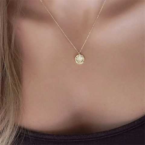 Collar de Pendiente Estrella Polar Minimalista Cobre Chapado en Oro de 14K Collares Redondos Martelada Zircón para Mujer