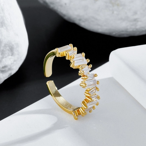 Baguette Zirkon Wellenförmiger Offener Ring Verstellbar Vergoldetes Messing Eleganter Minimalistischer Modeschmuck Für Damen Geschenk