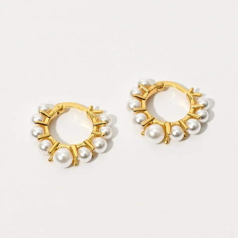 Pendientes de Aro de Latón Chapado en Oro de 14K con Perlas de Agua Dulce Vintage Francés Geométrico Redondo para Mujer