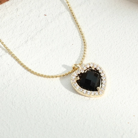 14K Gold Plated Brass Black Heart Pendant Necklace With AAA Zirconia Border Elegant Pave Zircon Heart Jewelry For Women