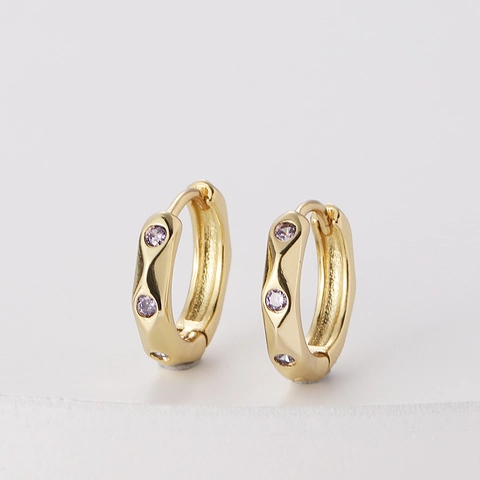 Lussuosi Orecchini a Cerchio in Rame con Faccette Geometriche e Zirconia Perno in Argento Sterling 925 Stile Punk Oro Donna