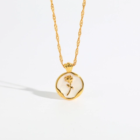 French Vintage Brass 14K Gold Plated Rose Flower Round Coin Pendant Necklace For Women Elegant Enamel Floral Jewelry