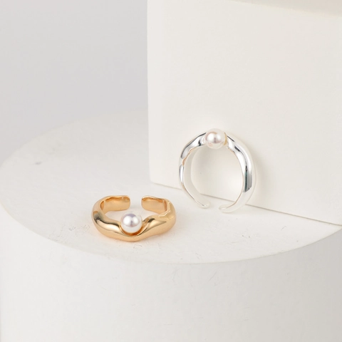 Minimalistischer Wellenförmiger Kupferner Offener Ring Für Damen 14K Gold Silber Galvanisiert Künstliche Perle Verstellbar Schmuck