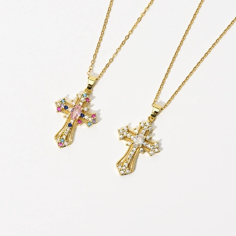Vintage Punk Cross Pendant Necklace 14k Gold Plated Brass AAA Zirconia Geometric Inlaid Jewelry For Women Party Gift