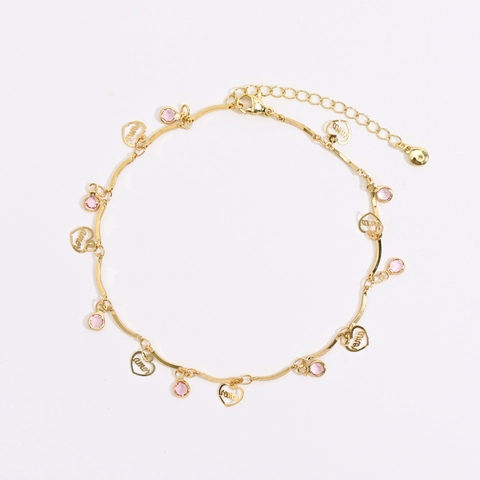 Messing 14K Vergoldetes Fußkettchen Rosa AAA Zirkonia Herz Amor Buchstabe Anhänger Mode Sommer Strand Fuß Schmuck Für Damen