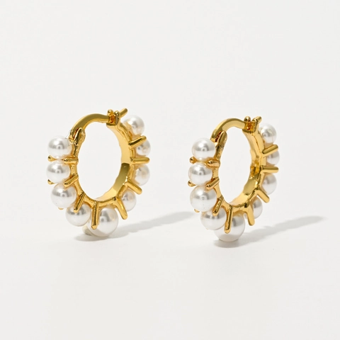 Pendientes de Aro de Latón Chapado en Oro de 14K con Perlas de Agua Dulce Vintage Francés Geométrico Redondo para Mujer