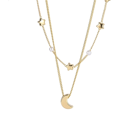Vintage Doppellagige Messing Halskette 14k Vergoldet Süßwasserperle Mond Stern Anhänger Minimalistischer Schmuck Damen