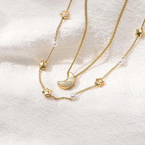 Vintage Doppellagige Messing Halskette 14k Vergoldet Süßwasserperle Mond Stern Anhänger Minimalistischer Schmuck Damen
