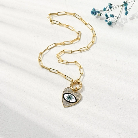 Brass Paperclip Chain Necklace Heart Evil Eye Pendant 14K Gold Plated AAA Zircon Rhinestone Fashion Jewelry For Women Gift