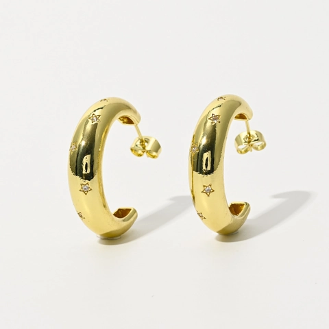 Retro C-Vormige Messing Oorbellen Zirkoon Ster 14K Vergulde Sterrenhemel Geometrische Oorbellen Voor Dames Sieraden