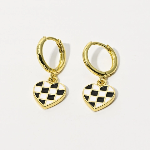 Vintage Messing Hart Schaakbord Creolen Voor Vrouwen Mode Individueel Geometrisch Druppelolie Emaille 14k Verguld Sieraden