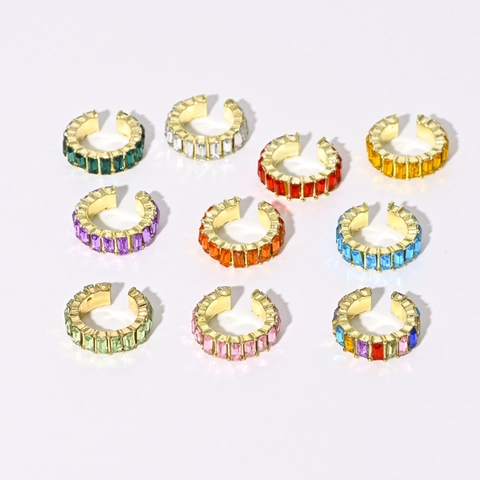 Vintage 14K Gold Plated Brass Colorful Zircon Geometric C-Shape Ear Cuff Non-Pierced Fashion Jewelry Accessory For Women
